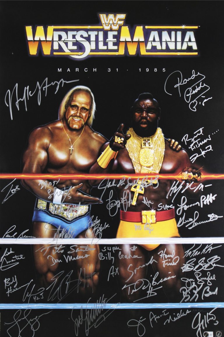 WrestleMania I (33) Hogan, Hart, Piper, Poffo, Bearer Signed 27x40 Poster BAS