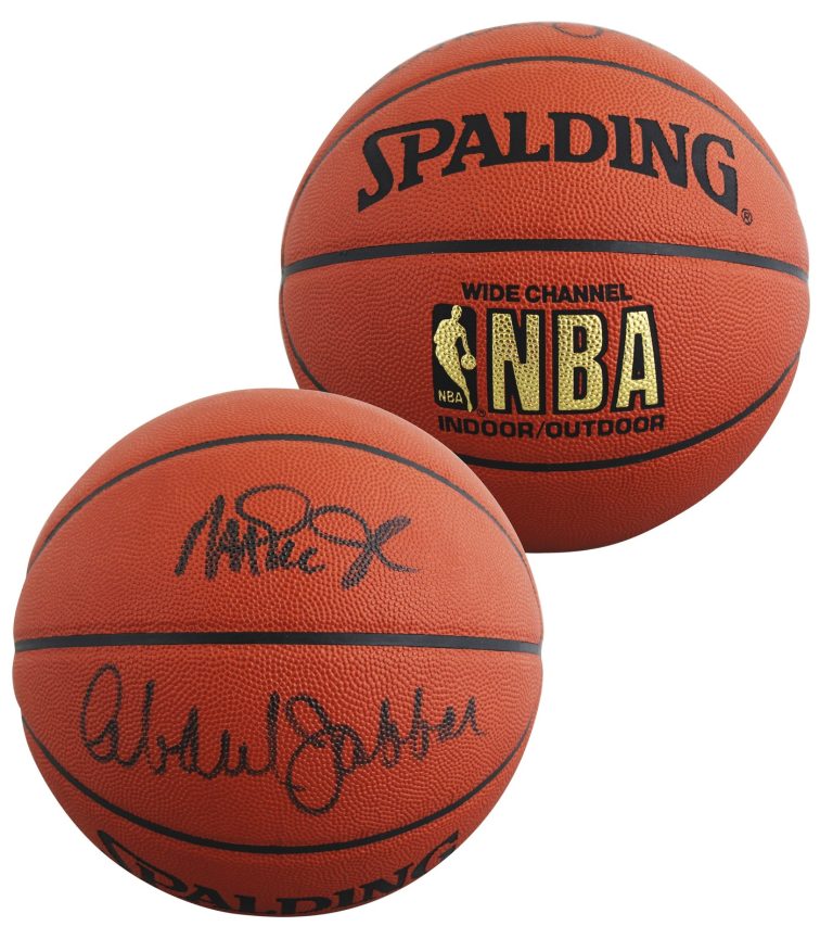 Lakers Magic Johnson & Kareem Abdul-Jabbar Signed Basketball BAS Wit #5W053811