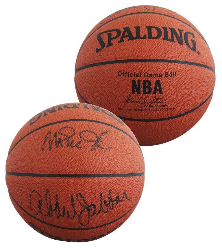 Lakers Magic Johnson & Kareem Abdul-Jabbar Signed Basketball BAS Wit #5W053812