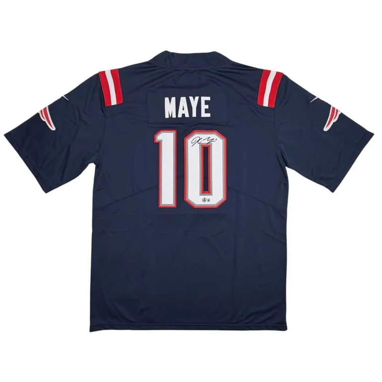 Autographed/Signed Drake Maye Patriots Blue Authentic Jersey Beckett COA