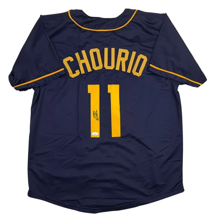 Autographed/Signed Jackson Chourio Milwaukee Navy Blue Jersey Beckett COA