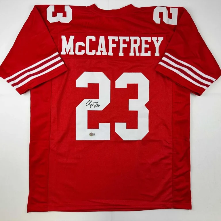 Autographed/Signed Christian McCaffrey San Francisco Red Jersey Beckett COA