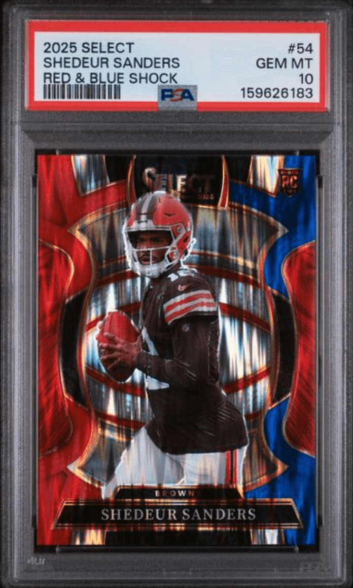 Graded 2025 Select Shedeur Sanders #54 Red/Blue Shock Rookie RC Card PSA 10