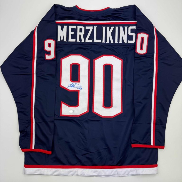 Autographed/Signed Elvis Merzlikins Columbus Blue Jersey Beckett BAS COA