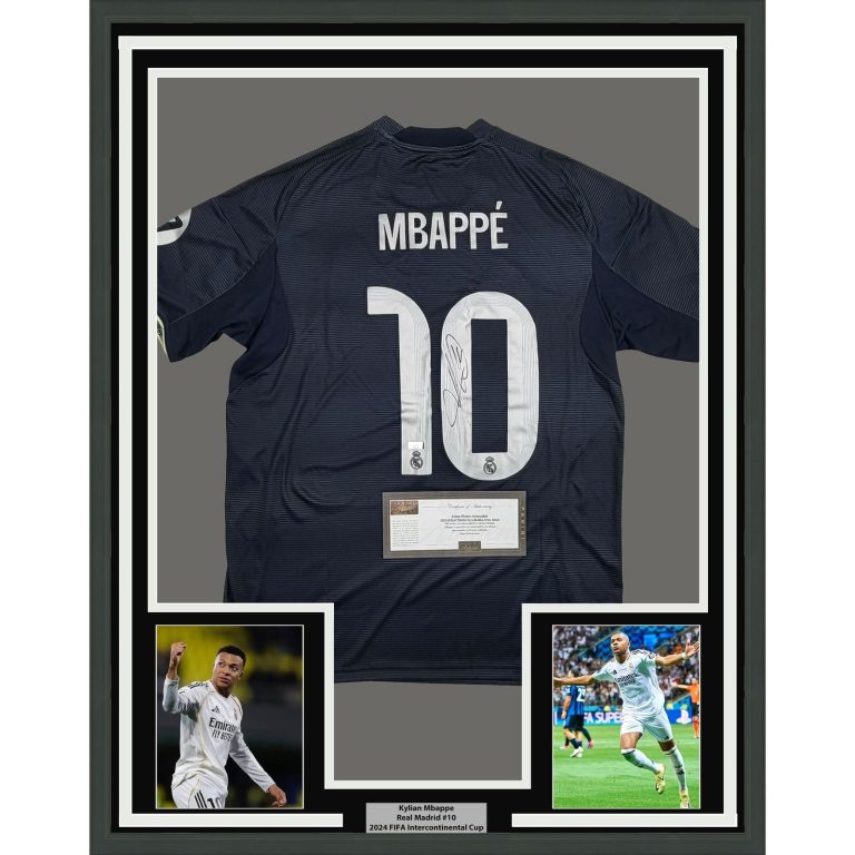 Framed Autographed/Signed Kylian Mbappe 35x39 Real Madrid Jersey Panini COA