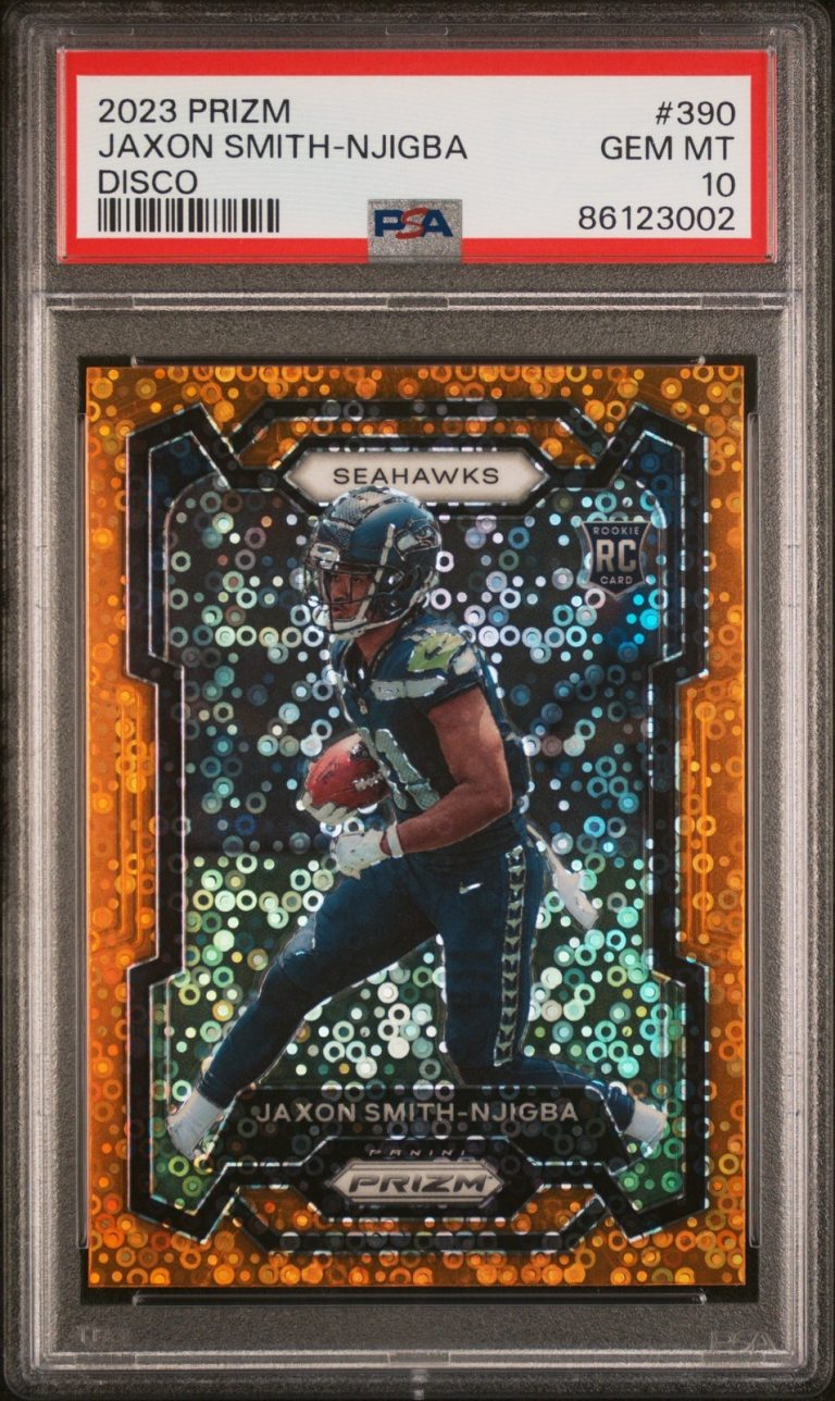 Graded 2023 Prizm Jaxon Smith-Njigba #390 Disco RC Football Card PSA 10