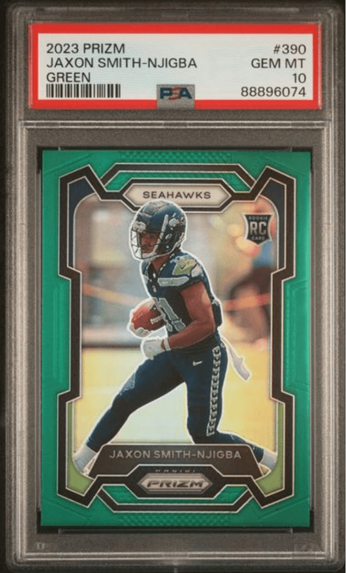 Graded 2023 Prizm Jaxon Smith-Njigba #390 Green RC Football Card PSA 10