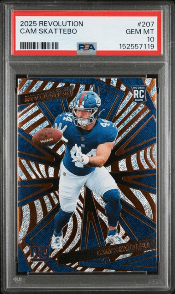 Graded 2025 Panini Revolution Cam Skattebo #207 Rookie Football Card PSA 10