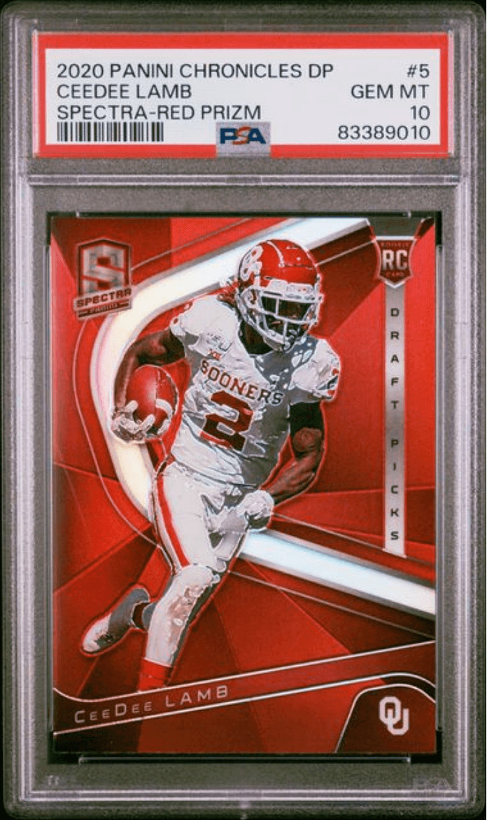 Graded 2020 Chronicles DP CeeDee Lamb #5 Spectra Red Prizm RC Card PSA 10