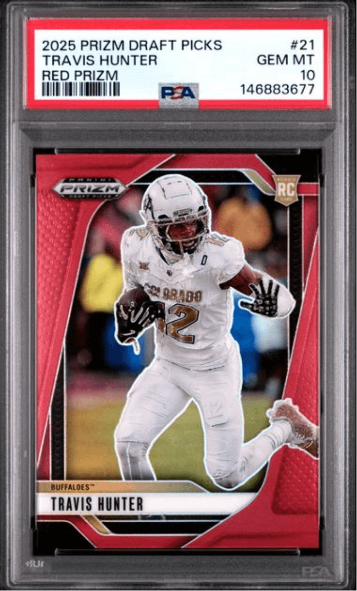 Graded 2025 Prizm DP Travis Hunter #21 Red Prizm /399 Rookie Card PSA 10