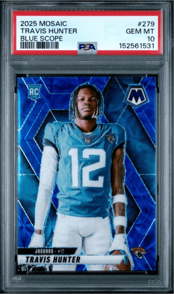 Graded 2025 Mosaic Travis Hunter #279 Blue Scope RC Football Card PSA 10