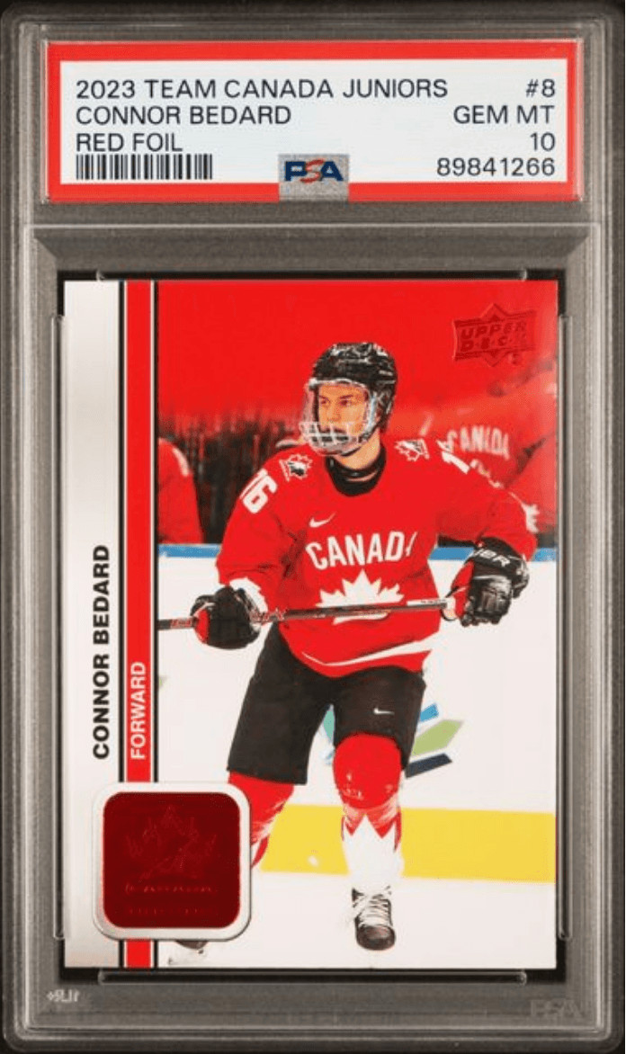 Graded 2023 UD Team Canada Juniors Connor Bedard #8 Red Foil RC Card PSA 10