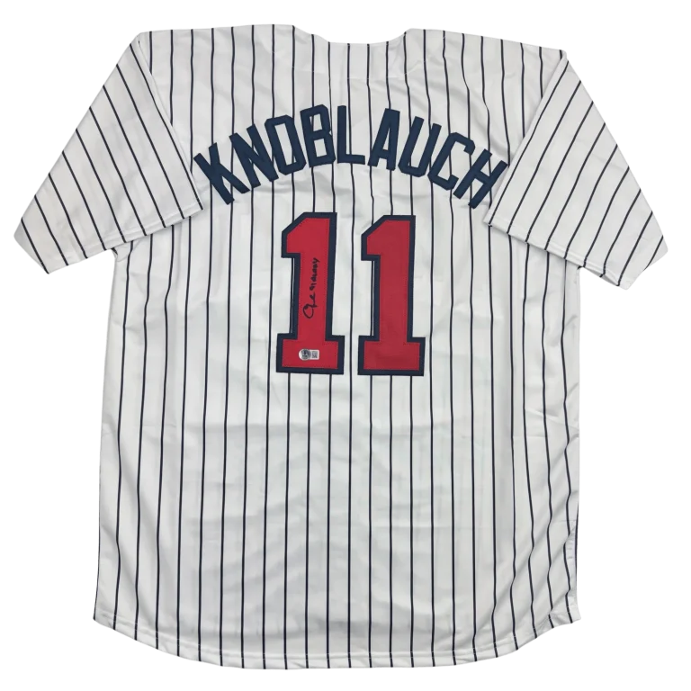Autographed/Signed Chuck Knoblauch Minnesota Pinstripe Jersey BAS COA