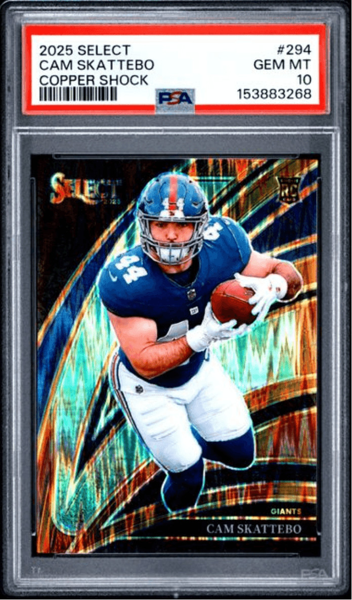 Graded 2025 Select Cam Skattebo #294 Copper Shock RC Football Card PSA 10