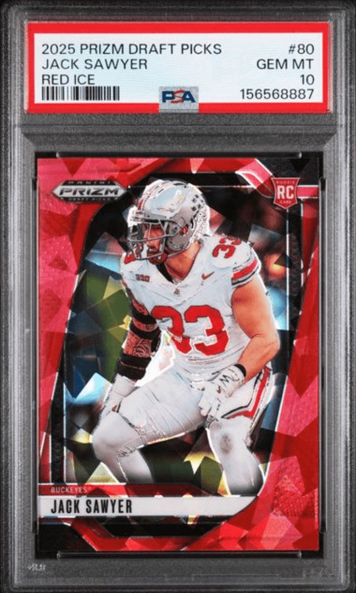 Graded 2025 Prizm DP Jack Sawyer #80 Red Ice Rookie RC Football Card PSA 10