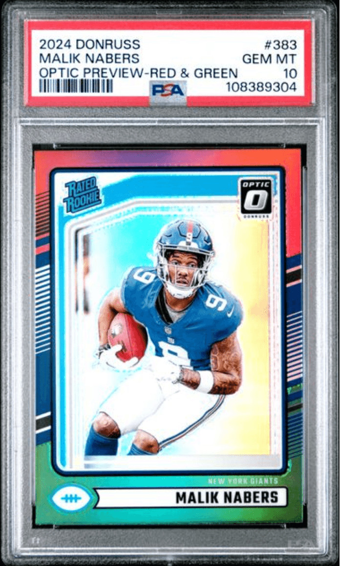 Graded 2024 Donruss Malik Nabers #383 Red & Green RC Football Card PSA 10
