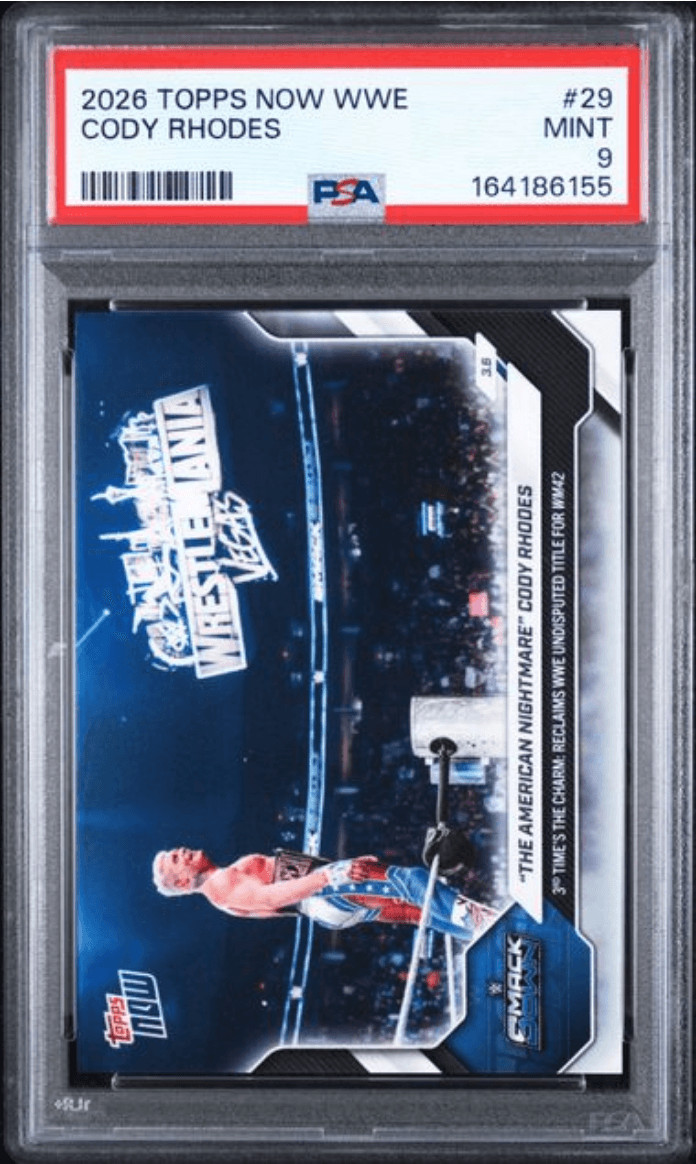 Graded 2025 Topps Now WWE Cody Rhodes/The Rock #26 Wrestling Card PSA 9