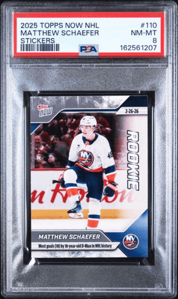 Graded 2025 Topps Now Matthew Schaefer #110 Rookie RC Card PSA 8