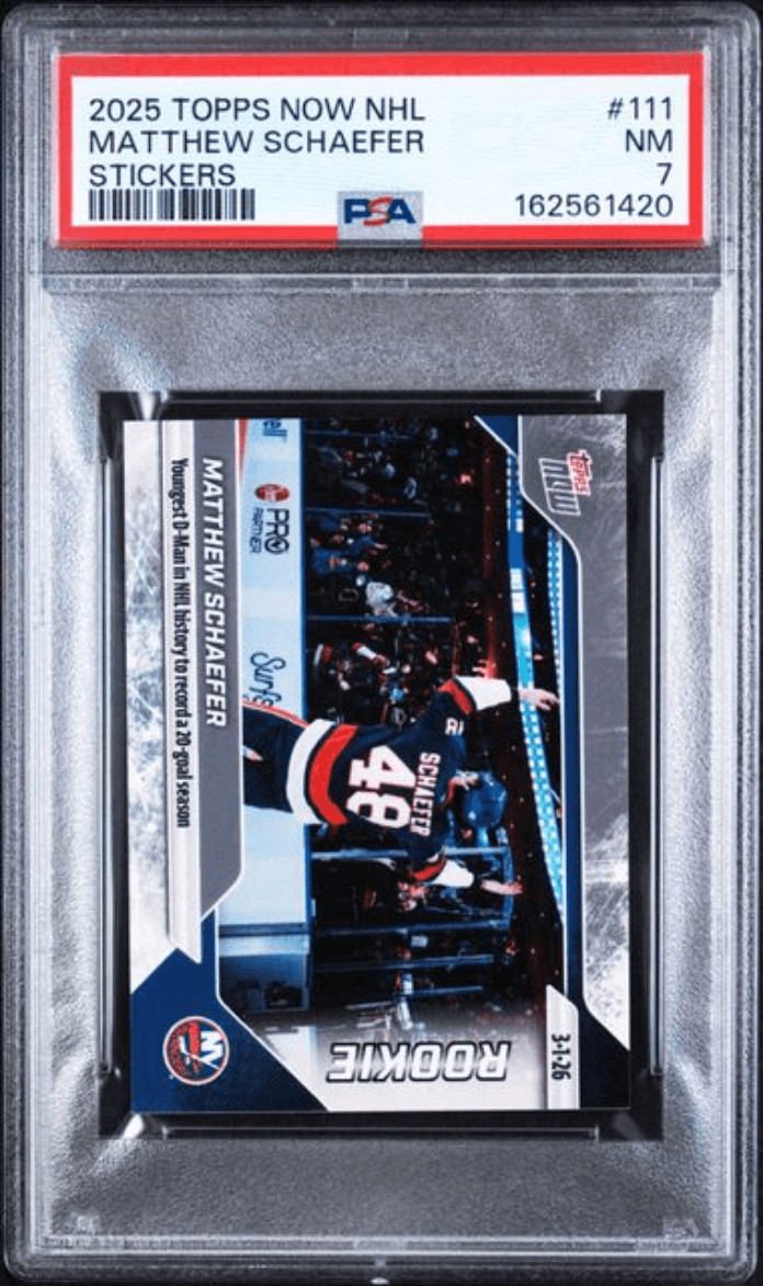 Graded 2025 Topps Now Matthew Schaefer #111 Rookie RC Card PSA 7