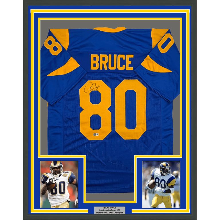 Framed Autographed/Signed Isaac Bruce LA Retro Blue Jersey Beckett BAS COA