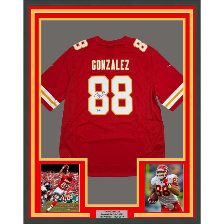 Framed Autographed/Signed Tony Gonzalez 35x39 Chiefs Red Jersey Beckett COA