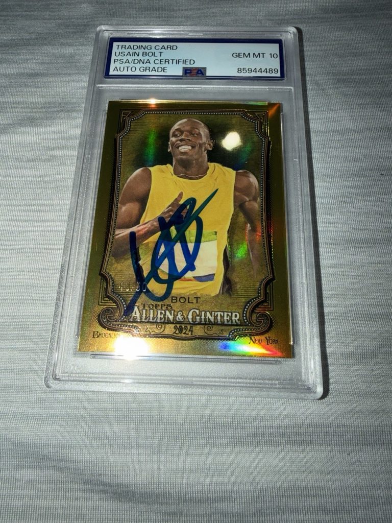 Usain Bolt Signed 2024 A&G Chrome Gold Trading Card 208 /50 Gem 10 Auto PSA/DNA