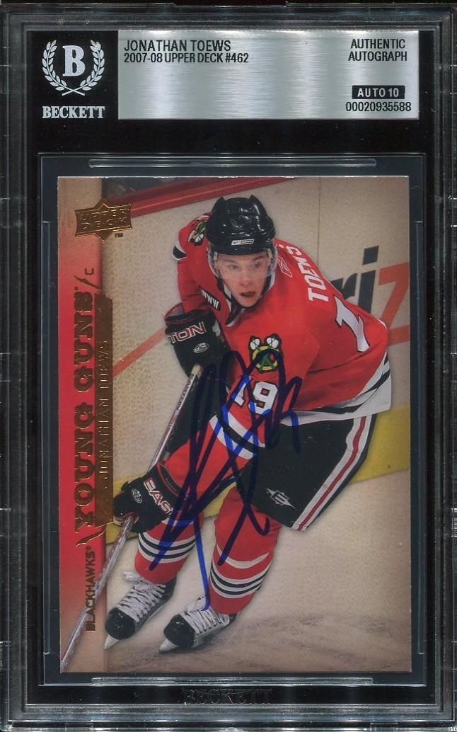 JONATHAN TOEWS signed auto 2007 UD YOUNG GUNS ROOKIE CARD RC YG BECKETT 10 (BAS)