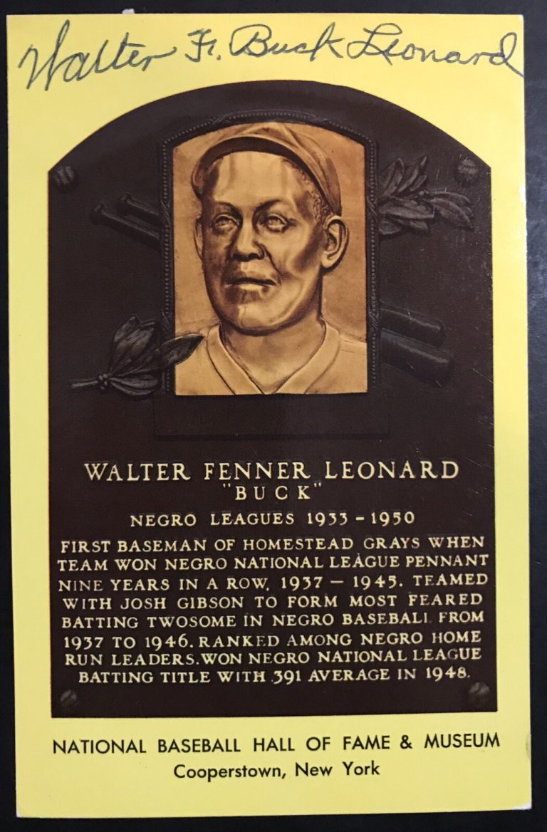 Buck Leonard Signed Gold HOF Plaque Postcard Yellow JSA Autograph