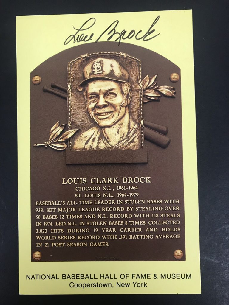 Lou Brock Signed Gold HOF Plaque Postcard Yellow St Louis Cardinals Auto JSA