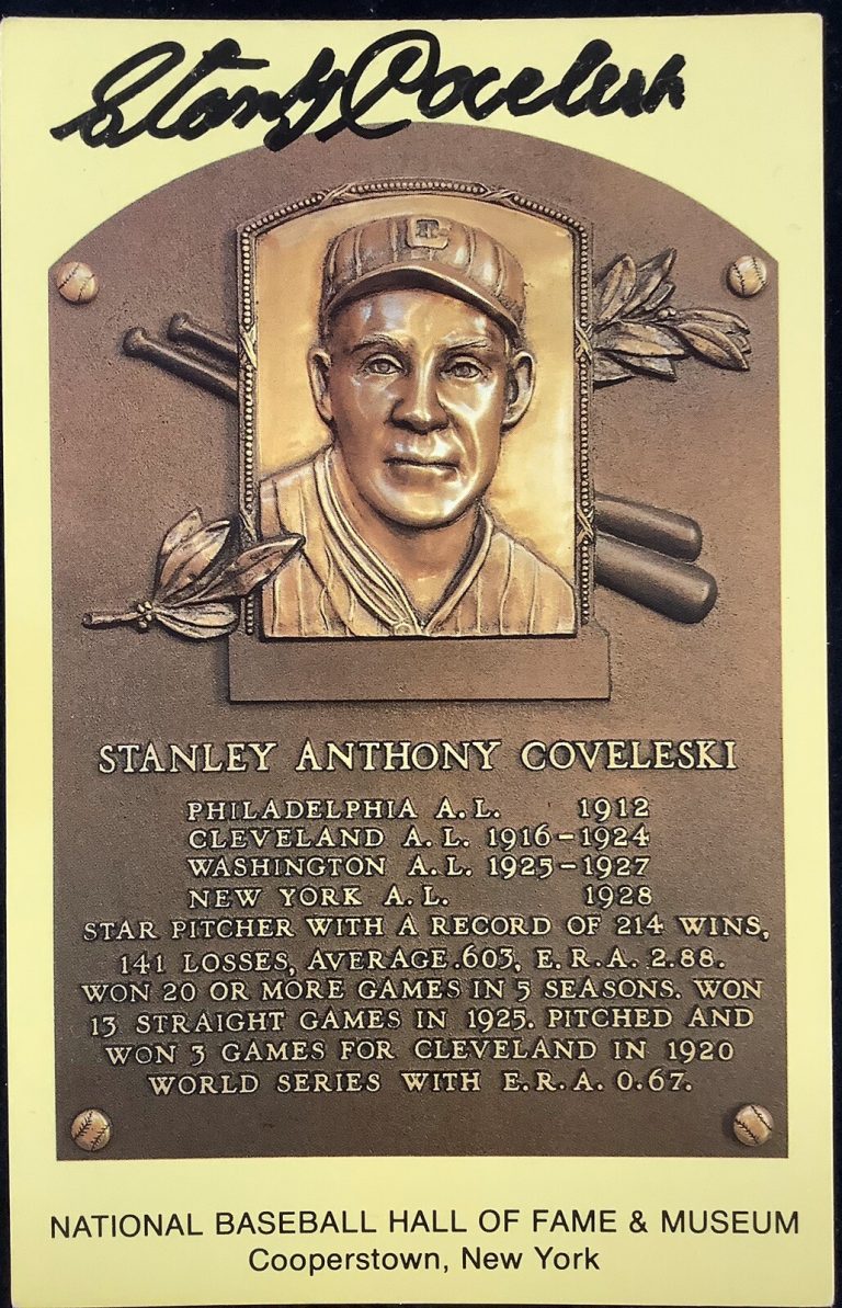Stan Coveleski Signed Gold HOF Plaque Postcard Yellow JSA Autograph NY Yankees