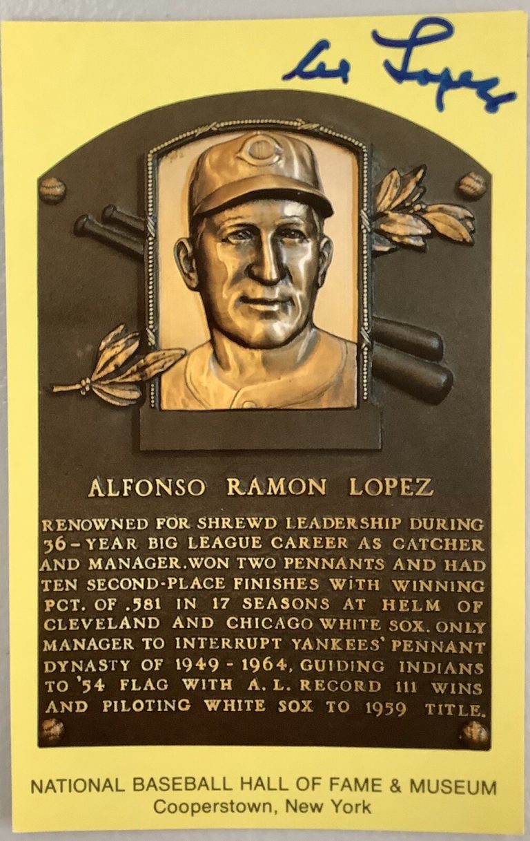 Al Lopez Signed Gold HOF Plaque Postcard Yellow JSA Autograph White Sox