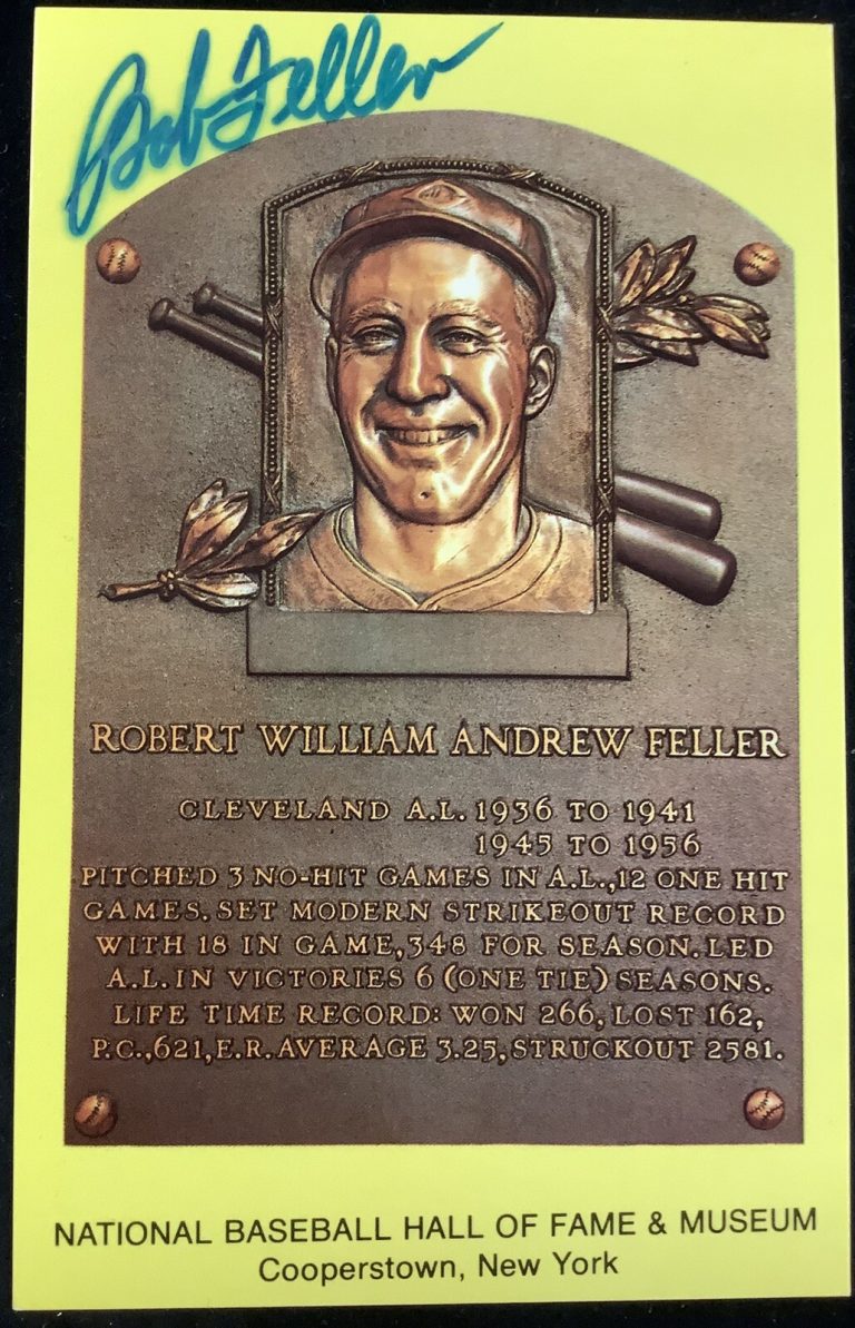 Bob Feller Signed Gold HOF Plaque Postcard Yellow Cleveland Indian Autograph JSA
