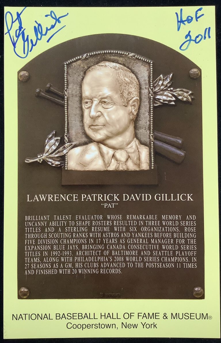 Pat Gillick Signed Gold HOF Plaque Postcard Yellow Phillies GM WSC Autograph JSA