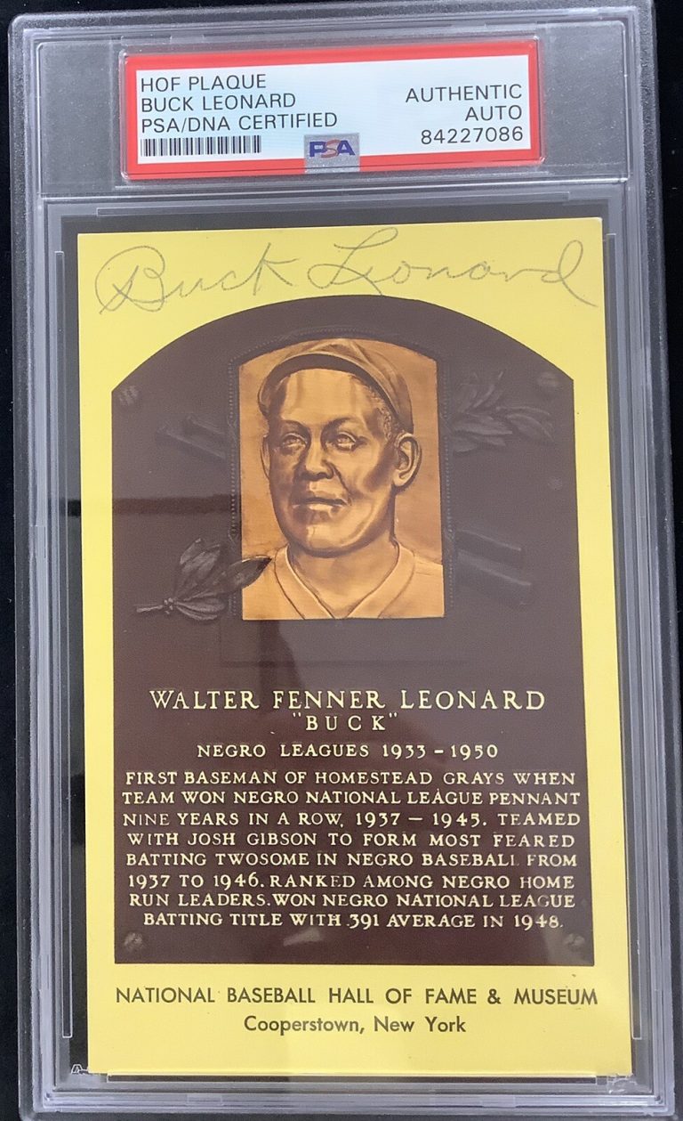 Buck Leonard Signed Gold Plaque Postcard HOF Autograph PSA/DNA Yellow Homestead