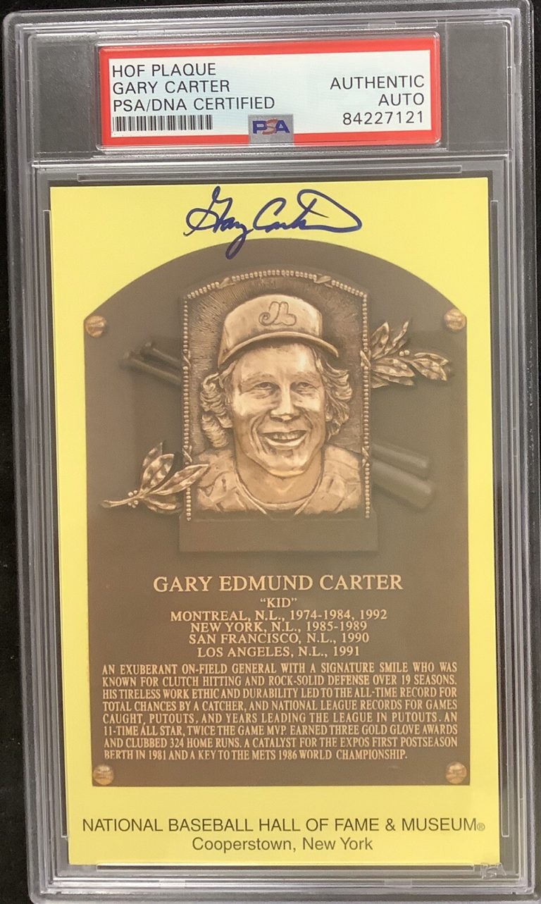 Gary Carter Signed Gold HOF Plaque Postcard Yellow MTL Expos Autograph PSA/DNA