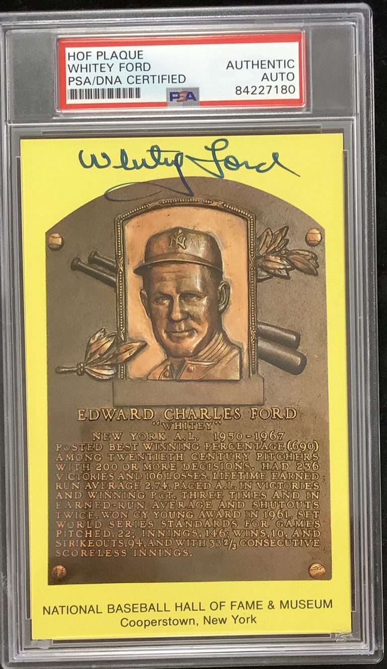 Whitey Ford Signed Gold HOF Plaque Postcard Yellow NY Yankees Autograph PSA/DNA