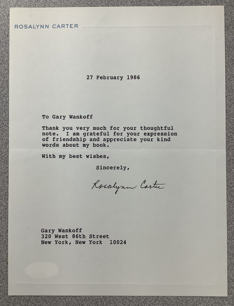 Rosalynn Carter Signed Letter Typed First Lady Autograph Presidential Thanks JSA