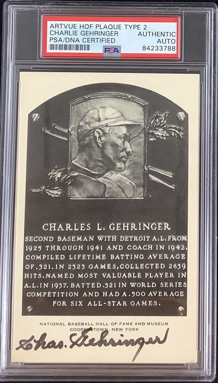 Charlie Gehringer Signed B&W HOF Plaque Postcard Artvue Type 2 Autograph PSA/DNA