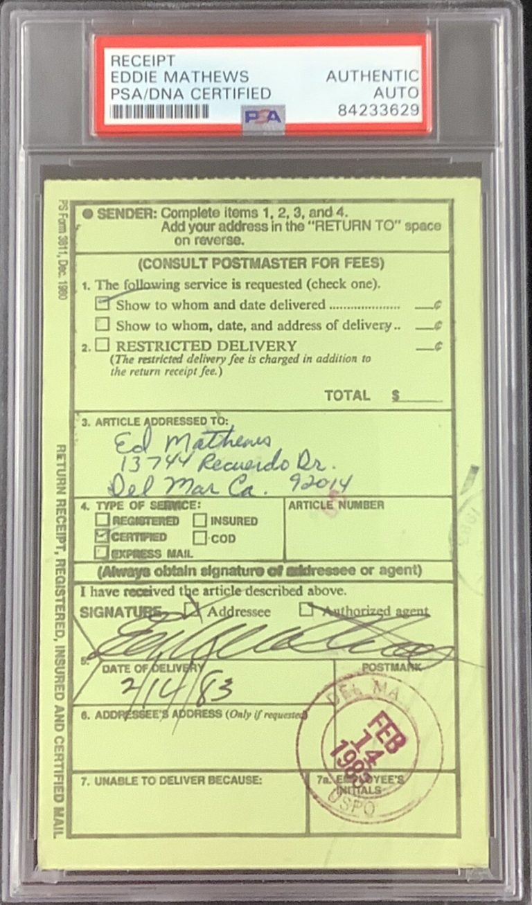 Eddie Mathews Signed Post Office Receipt Baseball HOF Autograph 1983 PSA/DNA