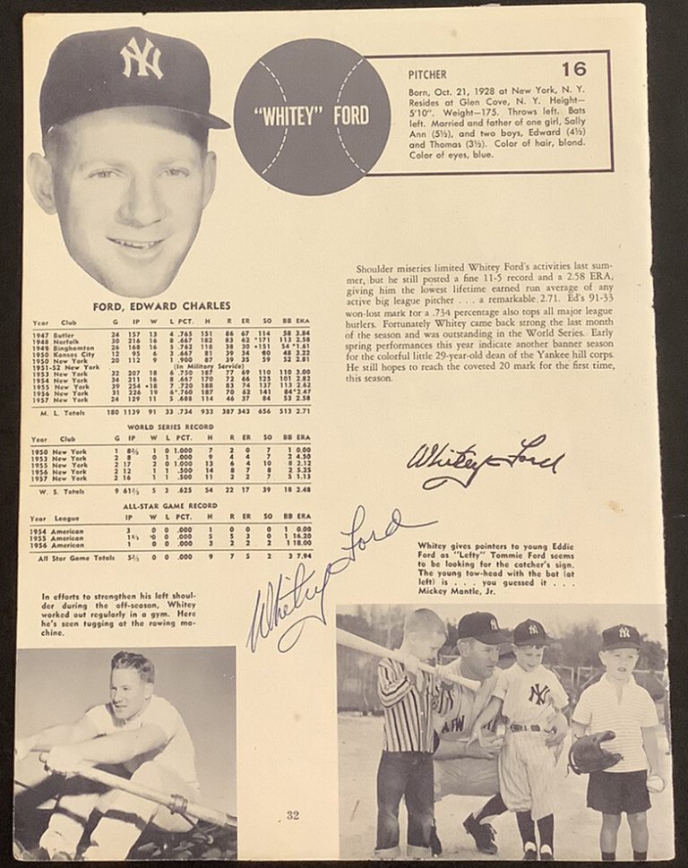 Whitey Ford Signed Yearbook Page Baseball Autograph New York Yankees WSC JSA