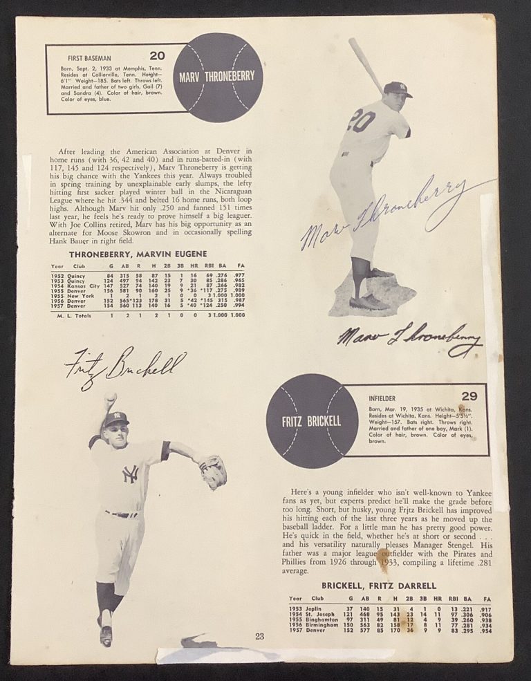 Marv Throneberry Signed Yearbook Page Baseball Autograph NY Yankees WSC JSA