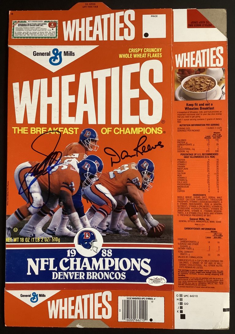 John Elway Signed Cereal Box Wheaties ‘88 Broncos NFL ERROR Auto Dan Reeves JSA