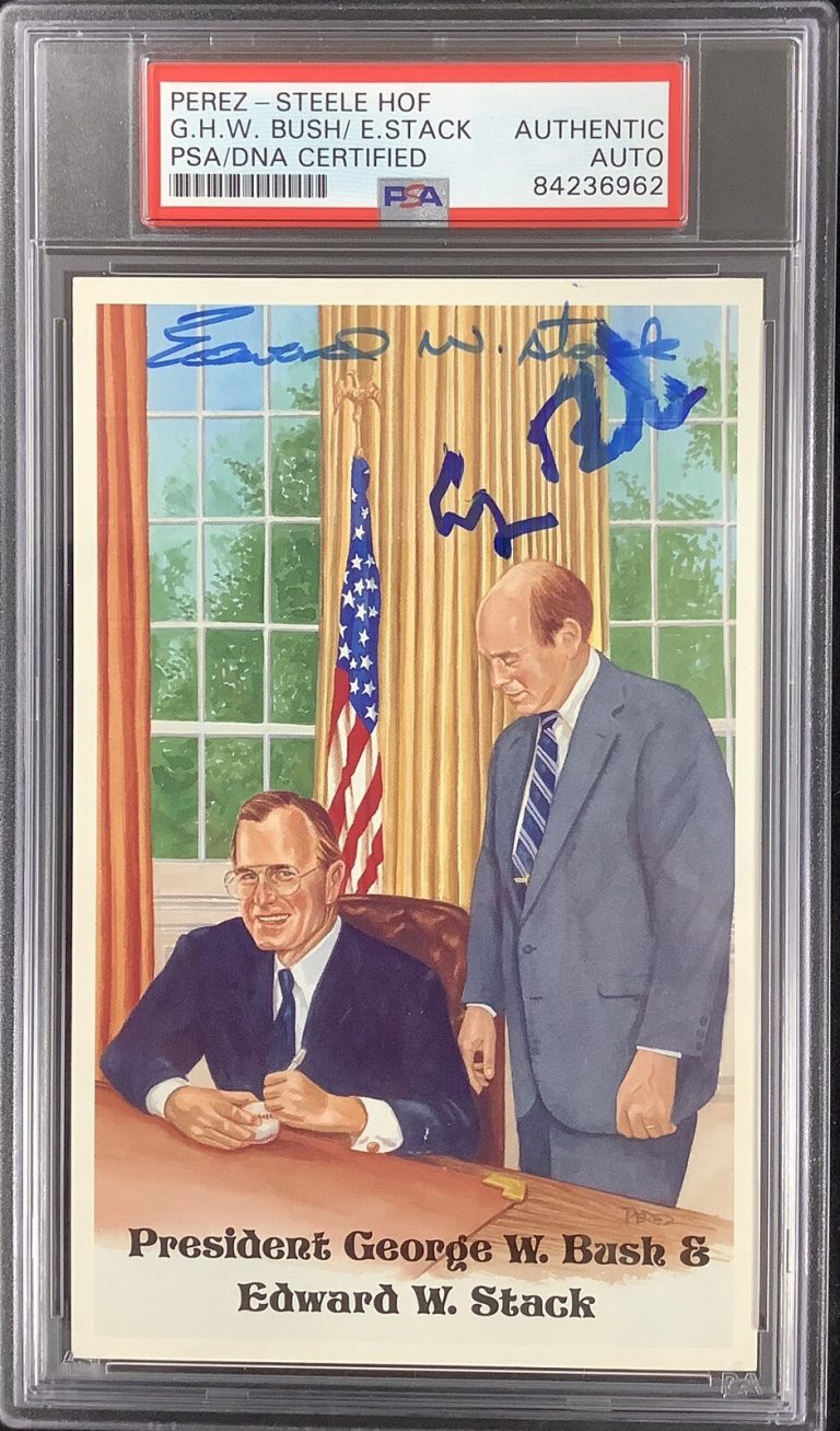 George H.W. Bush Signed Perez Steele Postcard w Ed Stack Dicks Autograph PSA/DNA
