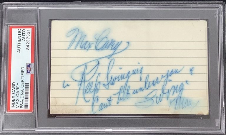 Max Carey Signed Index Card Baseball HOF Autograph Pittsburgh Pirates PSA/DNA