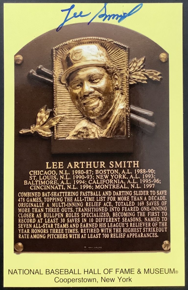 Lee Smith Signed Gold HOF Plaque Postcard Yellow Autograph Chicago Cubs HOF JSA