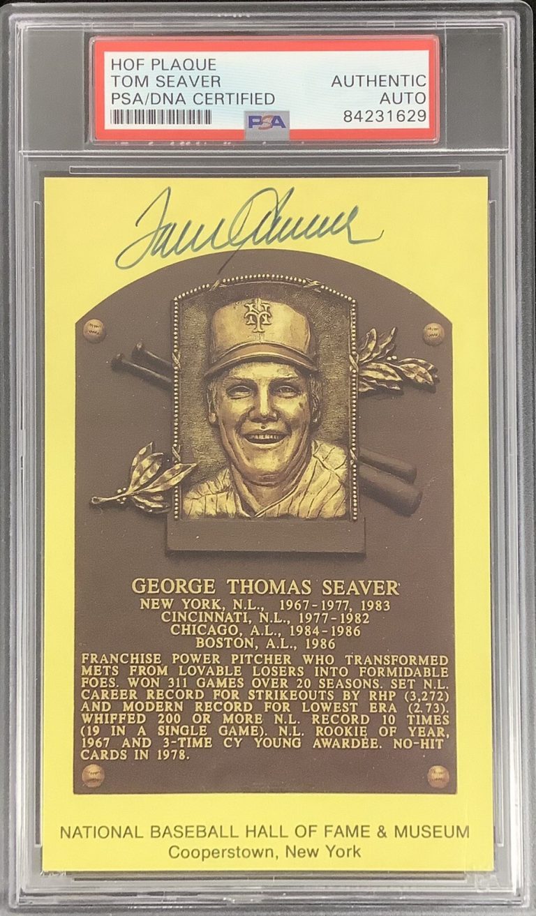 Tom Seaver Signed Gold HOF Plaque Postcard Yellow New York Mets Auto PSA/DNA