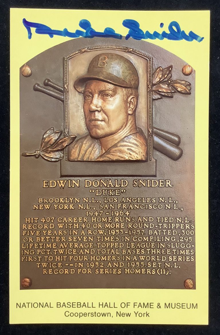 Duke Snider Signed Gold HOF Plaque Postcard Yellow Brooklyn Dodger Autograph JSA