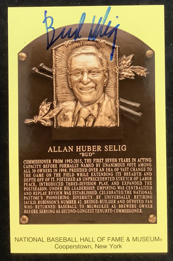 Bud Selig Signed HOF Plaque Postcard Yellow Commissioner Brewers Autograph JSA 2