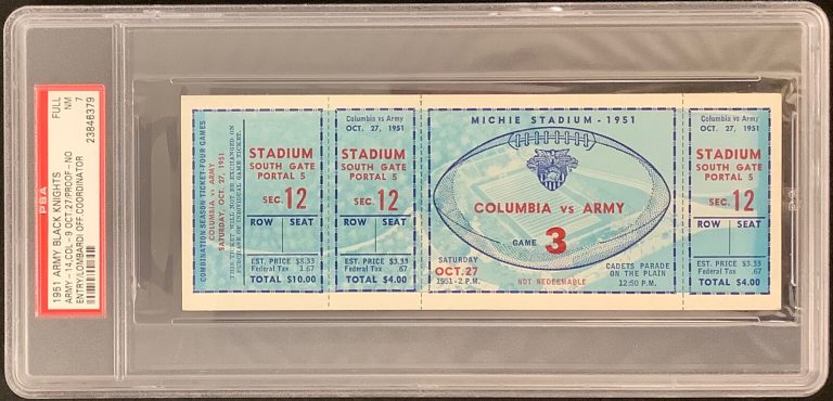 Army Black Knights 1951 Full Ticket 10/27/51 Vince Lombardi Michie PSA/DNA NM 7
