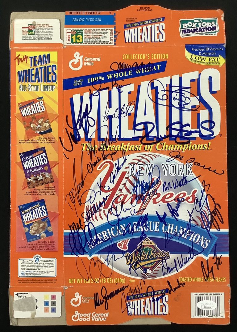 1996 Yankees Signed Cereal Box Wheaties 29Sigs Rivera Raines Torre Autograph JSA